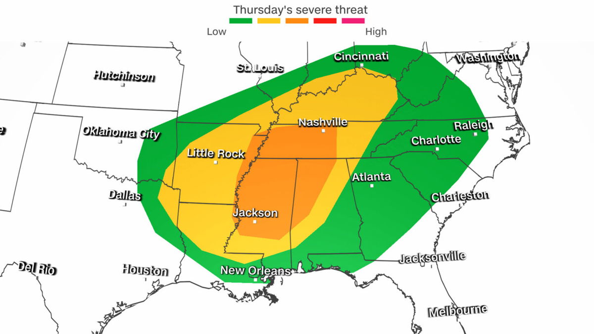 <i>CNN Weather</i><br/>The projected threat of severe storms for the Mid-South and Southeast Thursday.