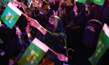 Saudi people gather during the first Founding Day celebrations in Riyadh