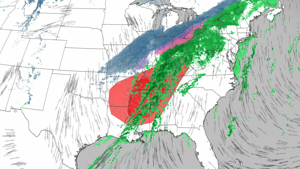 <i>CNN Weather</i><br/>There is the possibility of tornadoes and flooding along the southern side and snow on the northern side of the storm system. Caught in between is the chance for a wintery mix and freezing rain.