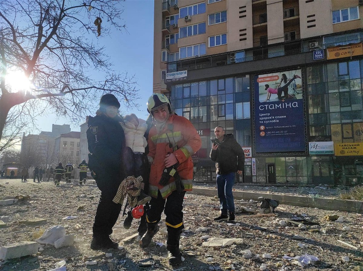 <i>Ministry of Internal Affairs of Ukraine</i><br/>Residents being evacuated from damaged apartment building in Kyiv on February 26.