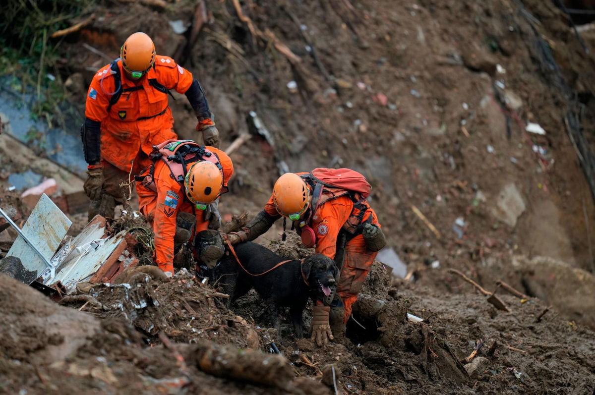 <i>Silvia Izquierdo/AP</i><br/>Rescuers use a sniffer dog to search for survivors.