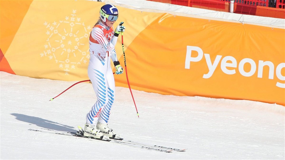 Lindsey Vonn reacts to her run during Alpine Skiing at Jeongseon Alpine Centre.