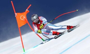 Travis Ganong of the United States skis during the men's downhill 2nd training session ahead of the 2022 Winter Olympic Games at Yanqing Alpine Ski Center