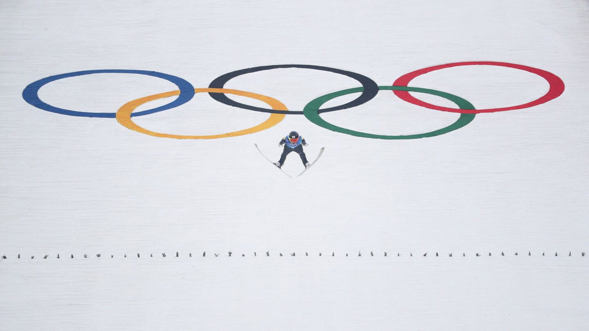 Akito Watabe jumps in the nordic combined mens team large hill.