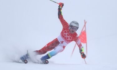 Marco Odermatt of Switzerland skis during the men's giant slalom Run 1 on day nine of the 2022 Winter Olympic Games at National Alpine Ski Center.