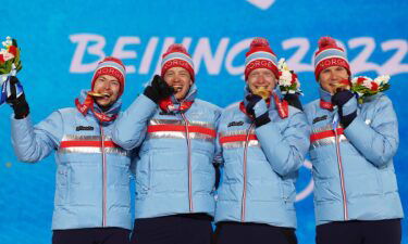 Norway team celebrate and show off their medals