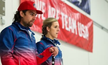 Christopher Plys (L) and Vicky Persinger of the United States look on during the Mixed Doubles Olympic Trials final at Curl Mesabi Curling Club on October 31