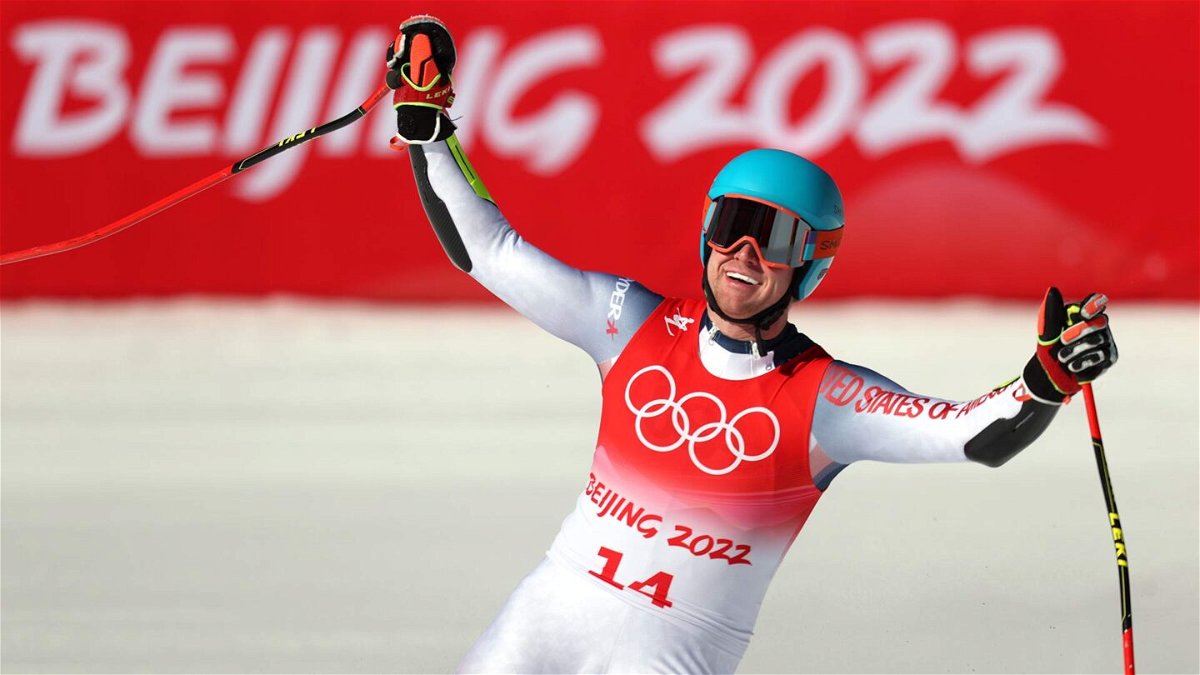 Ryan Cochran-Siegle of the United States celebrates after his run in the men's super-G at the 2022 Winter Olympics