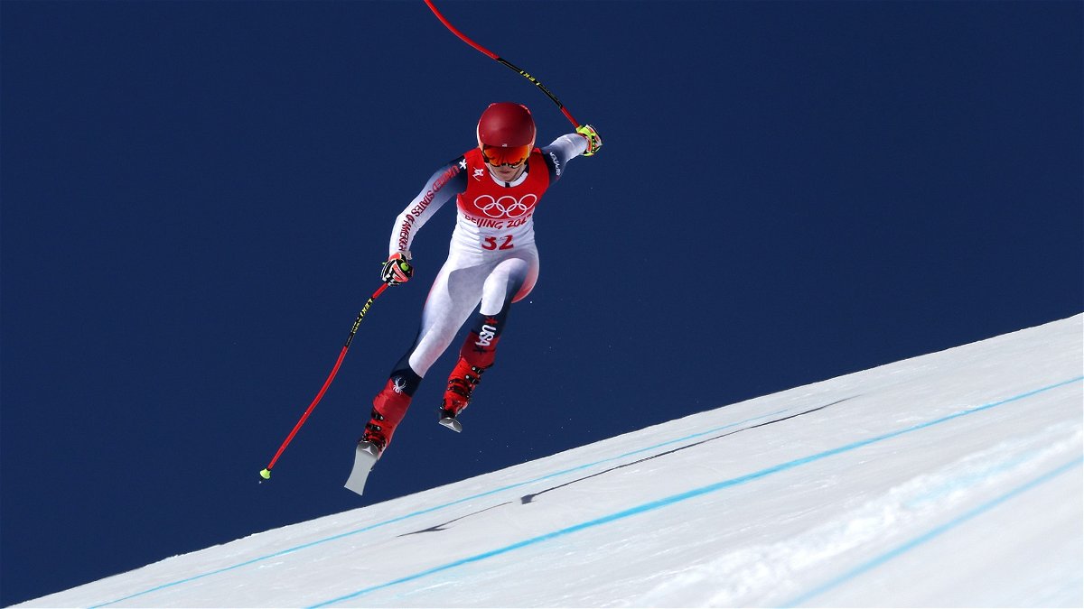 Mikaela Shiffrin competes in the women's downhill at the 2022 Winter Olympics.