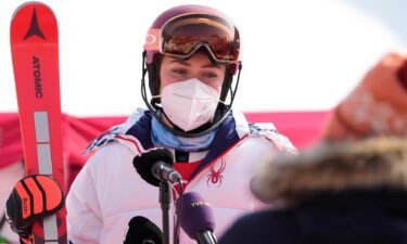 Mikaela Shiffrin speaks to media after the women's slalom event at the 2022 Winter Olympics.