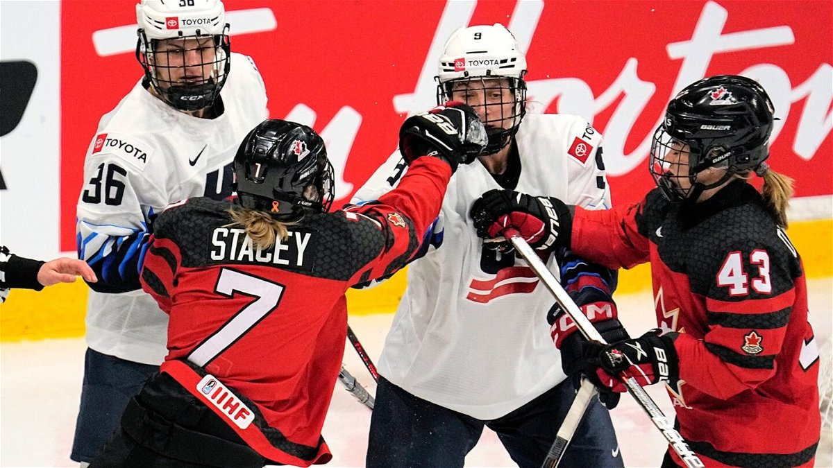 U.S. and Canadian players fight.