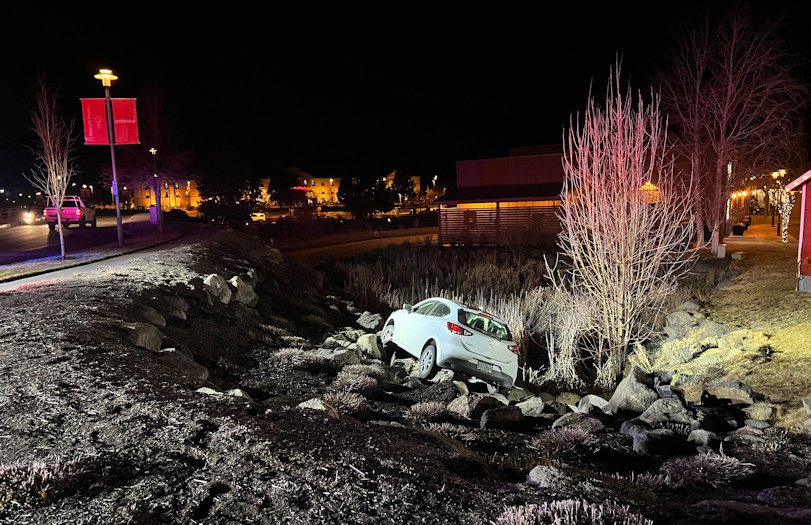 A suspected DUII driver left a road in the Old Mill area of Bend, crashing into a rocky embankment Sunday evening