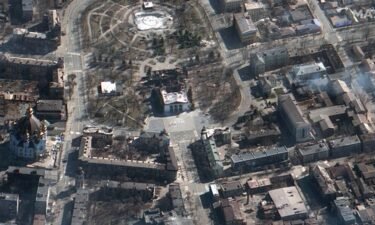A new satellite image shows the state of the destruction wrought on a theatre in Mariupol when it was bombed three days ago.