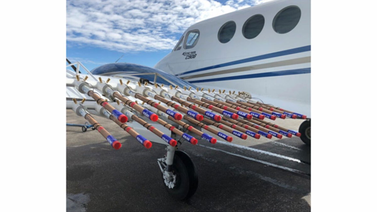 <i>Weather Modification International 2022</i><br/>This photo shows flares fixed on the aircraft's wing that house the silver iodide used for cloud seeding.