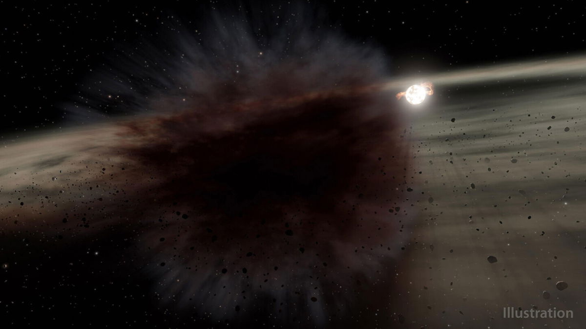 <i>NASA/JPL-Caltech</i><br/>This illustration shows what happens when two large asteroid-size bodies collide in space. NASA's Spitzer Space Telescope observed a massive debris cloud that blocked the light of a nearby star.