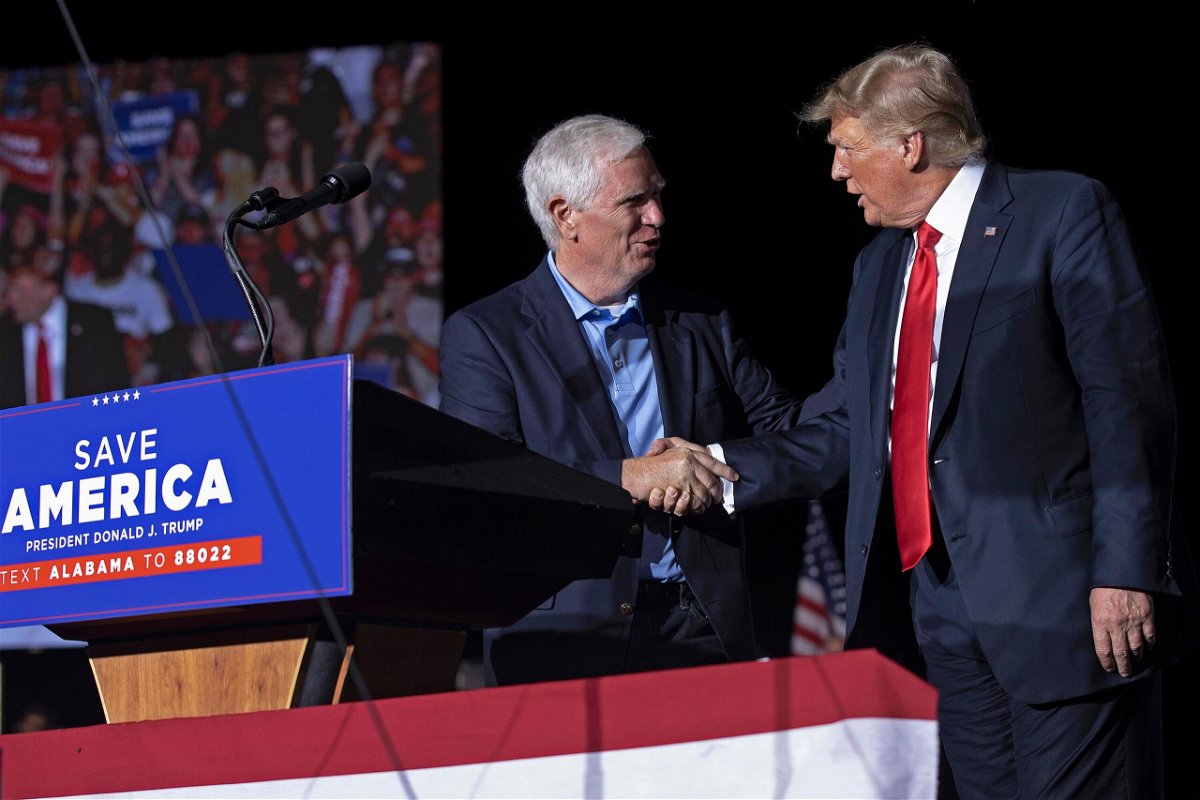 <i>Chip Somodevilla/Getty Images</i><br/>Former U.S. President Donald Trump appears on stage during a 2021 rally in Alabama. Trump is on the brink of withdrawing his endorsement from Alabama Senate hopeful Mo Brooks following a series of public and private missteps by the Republican congressman.