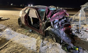 This photo released by the North Las Vegas Police Department shows a Dodge Challenger following the crash in North Las Vegas on January 29.