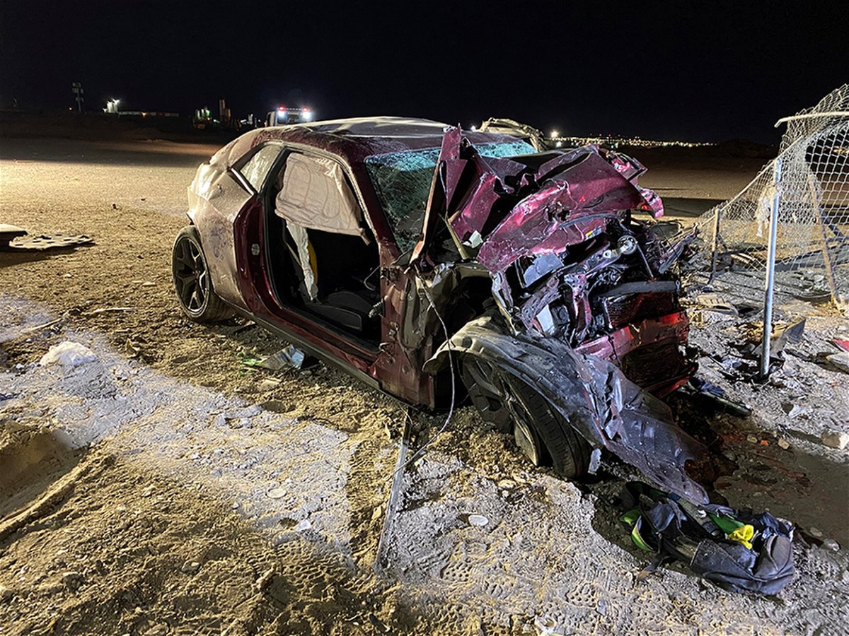 <i>North Las Vegas Police Department/AP</i><br/>This photo released by the North Las Vegas Police Department shows a Dodge Challenger following the crash in North Las Vegas on January 29.