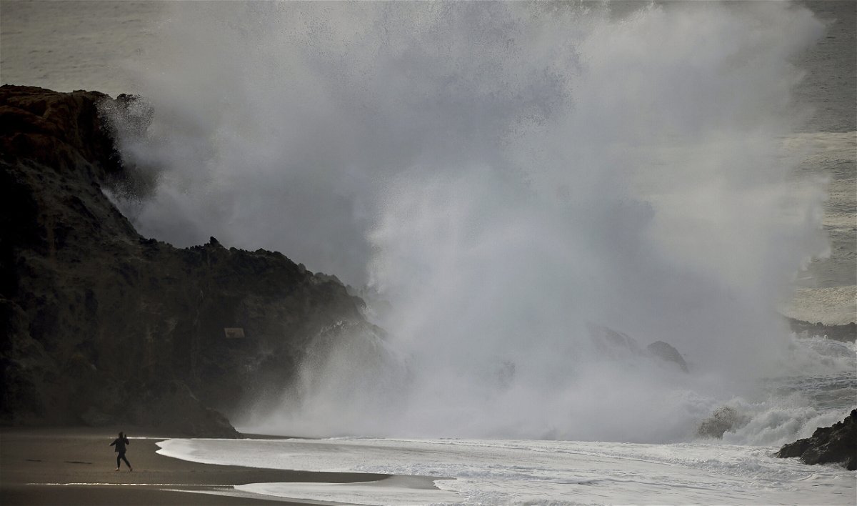 <i>Kent Porter/Press Democrat/AP</i><br/>Large waves crash ashore at Wrights Beach