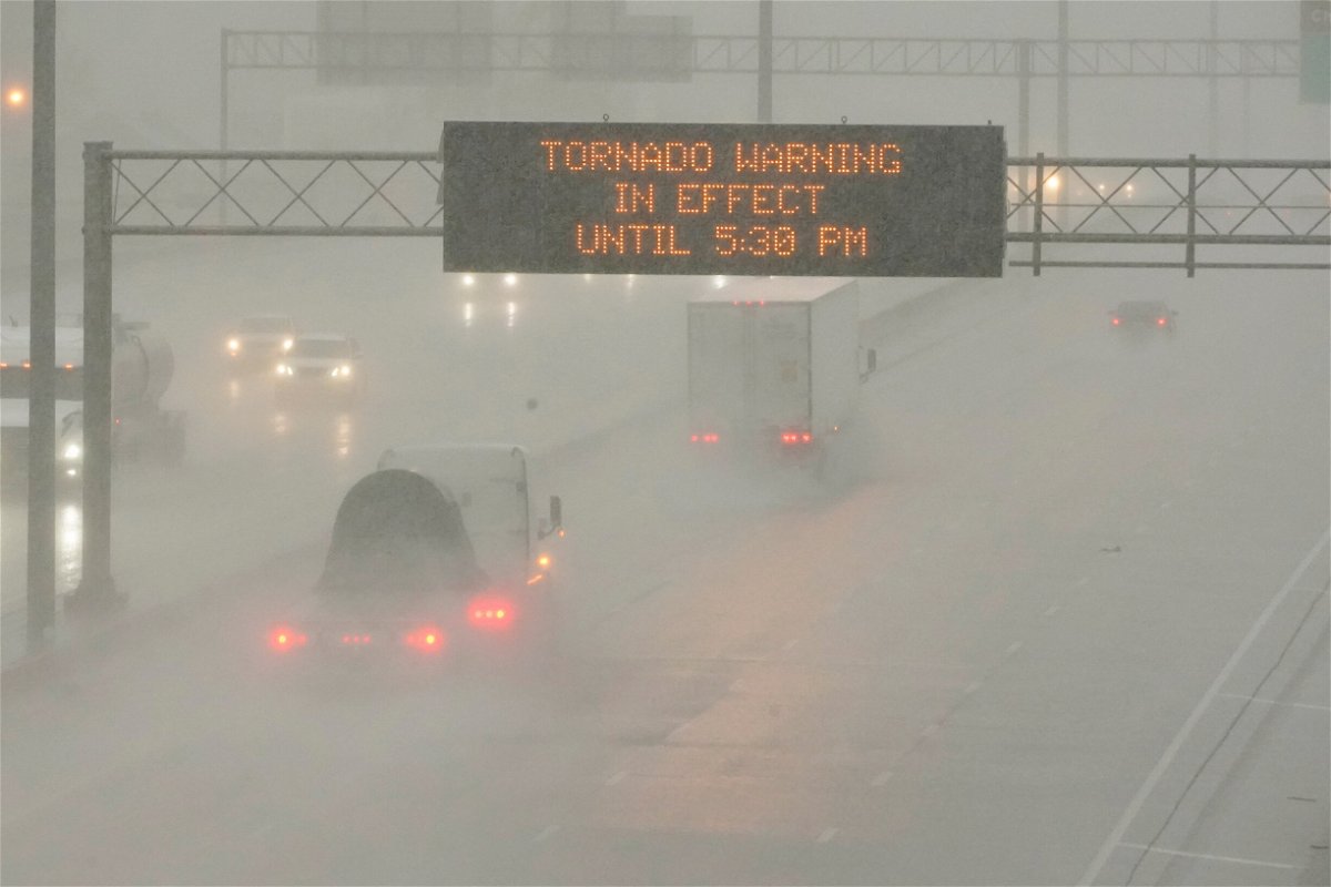 <i>Rogelio V. Solis/AP</i><br/>The Mississippi Department of Transportation alerts drivers in Jackson of a tornado warning in the state on March 30. Parts of Mississippi and Alabama are being warned of the potential for dangerous tornadoes on March 31.