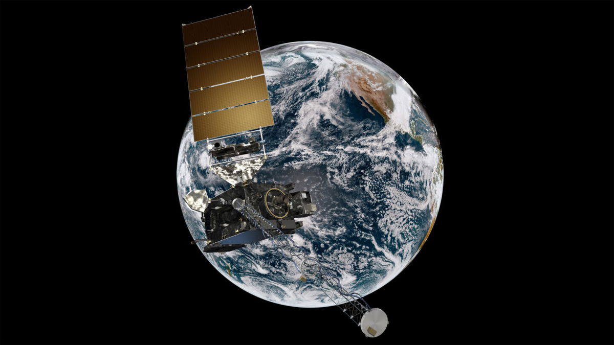 <i>NOAA</i><br/>This artist's rendering shows a GOES spacecraft in orbit around Earth.