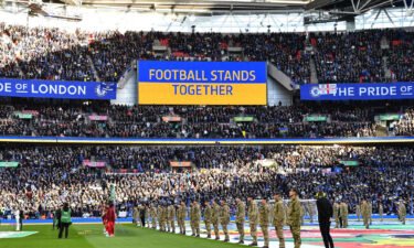 A 'Football Stands Together' message is displayed in Ukrainian colours ahead of the English League Cup final football match between Chelsea and Liverpool at Wembley Stadium