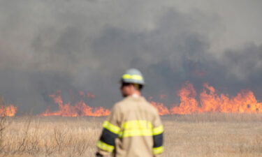 The Wichita County Sheriff's Office respond to a large wildfire in Texas on March 20.