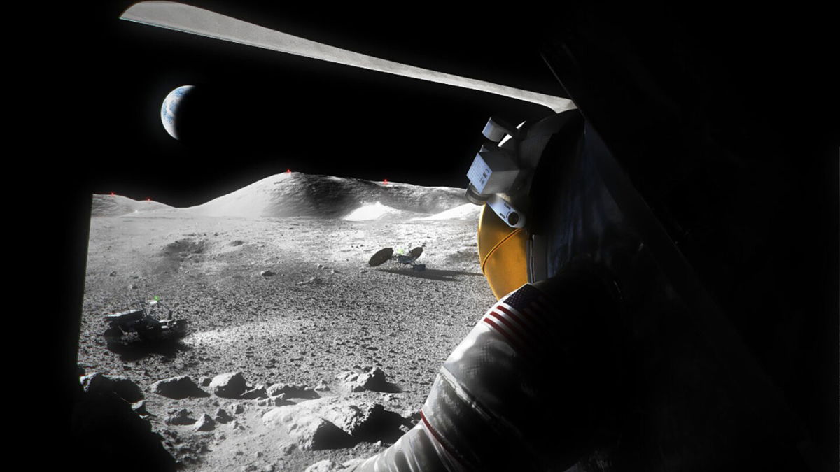 <i>NASA</i><br/>An illustration of a suited Artemis astronaut looking out of a Moon lander hatch across the lunar surface