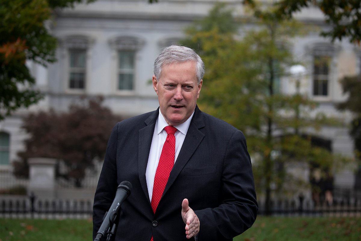 <i>Tasos Katopodis/Getty Images</i><br/>Former White House Chief of Staff Mark Meadows talks to reporters at the White House on October 21