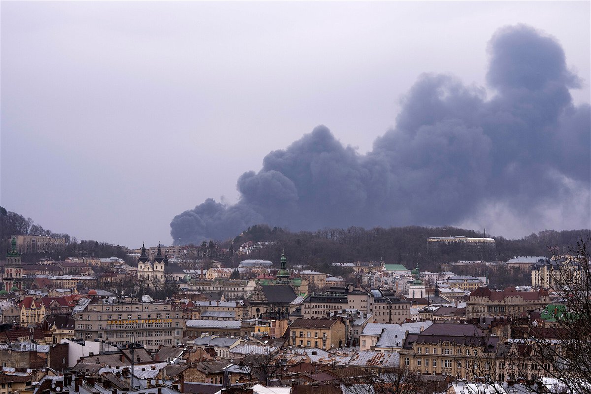 <i>Nariman El-Mofty/AP</i><br/>Smoke rises in the air in Lviv