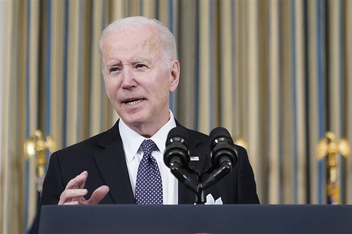 <i>Patrick Semansky/AP</i><br/>President Joe Biden speaks about his proposed budget for fiscal year 2023 in the State Dining Room of the White House