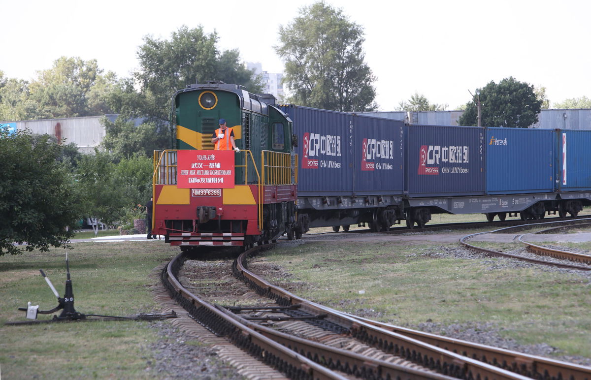 <i>Sergey Starostenko/Xinhua/Getty Images</i><br/>A container train from Wuhan
