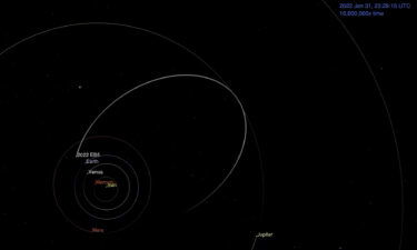 A still from an animation showing asteroid 2022 EB5's predicted orbit around the sun before crashing into the Earth's atmosphere on March 11.