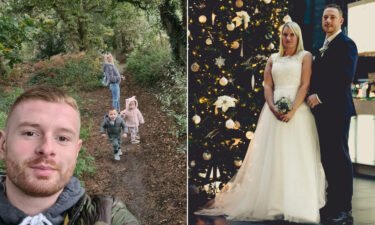 British citizen Jake Dale (left) is pictured with his family. Peter Hurst (right) is pictured with his wife on their wedding day. Both men plan to be in Ukraine by Saturday.