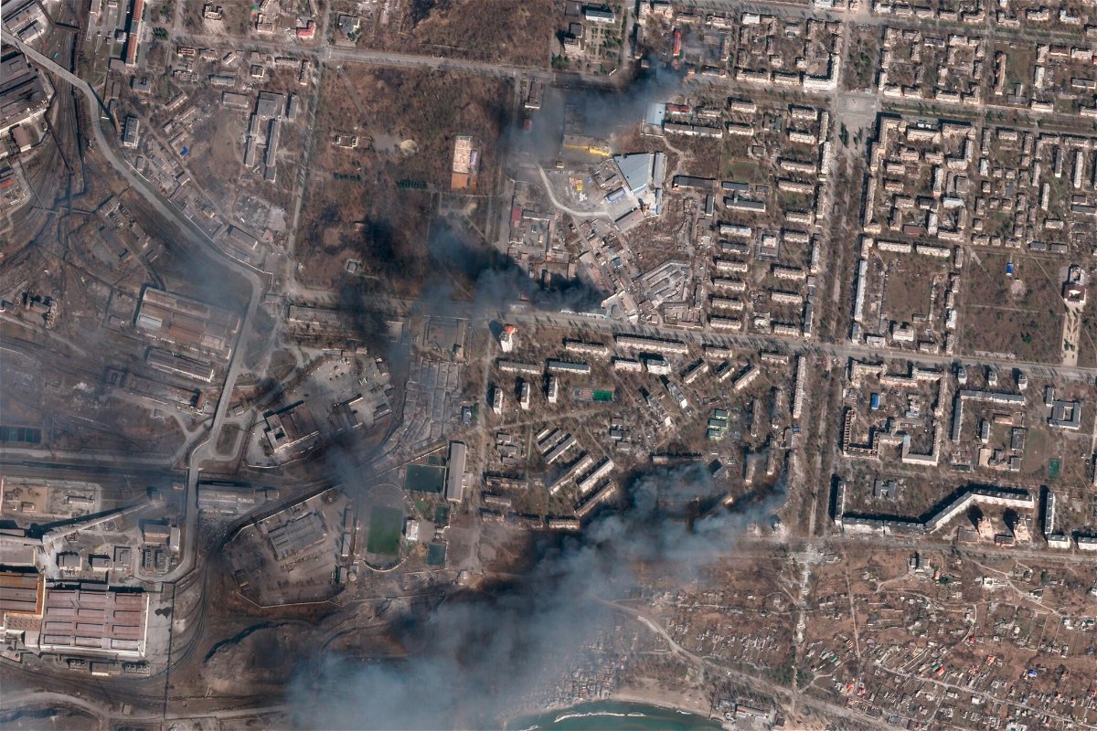 <i>Planet Labs PBC/AP</i><br/>A satellite image from March 20 shows the extent of destruction in Mariupol.