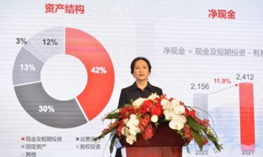 Huawei chief financial officer Meng Wanzhou delivers a speech in Guangdong