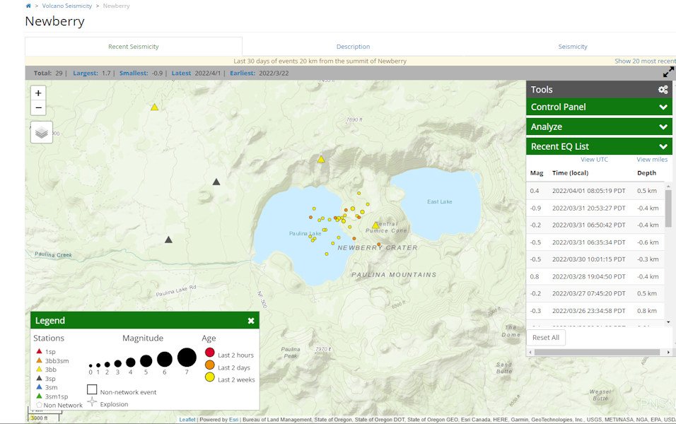 Map shows swarm of very small, shallow quakes in the Paulina Lake area of Newberry Volcano in recent days