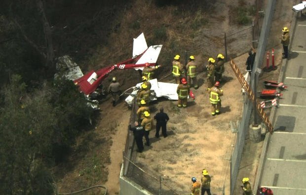 <i>KCAL/KCBS</i><br/>A plane crashed Wednesday afternoon along the westbound lanes of the 210 Freeway in Sylmar.