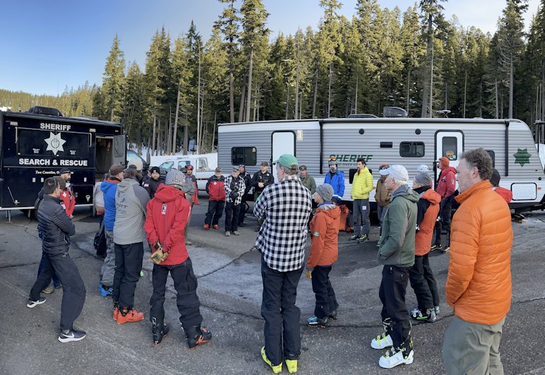 Thursday morning's briefing for searchers helping look for a missing snowboarder in the Mt. Hood Meadows area