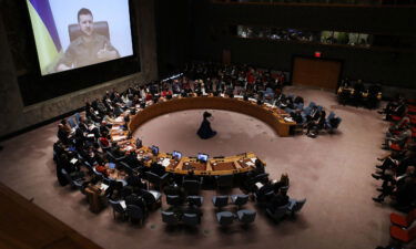 Ukrainian President Volodymyr Zelensky addresses the United Nations (UN) Security Council via video link on April 5 in New York City. The United Nations General Assembly is expected to vote April 7 on whether to suspend Russia from the Human Rights Council.