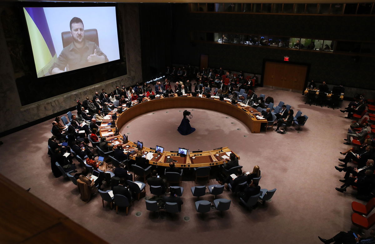 <i>Spencer Platt/Getty Images</i><br/>Ukrainian President Volodymyr Zelensky addresses the United Nations (UN) Security Council via video link on April 5 in New York City. The United Nations General Assembly is expected to vote April 7 on whether to suspend Russia from the Human Rights Council.