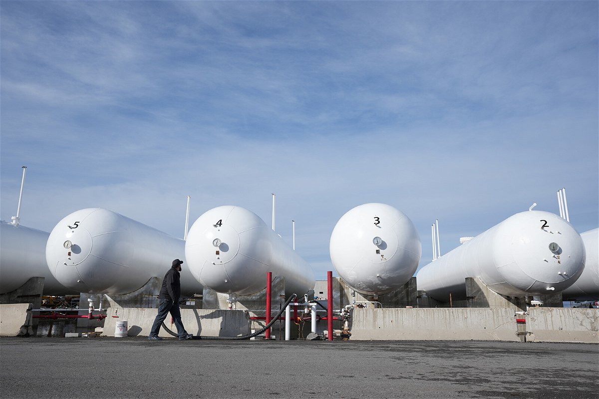 <i>George Frey/Bloomberg/Getty Images</i><br/>Natural gas futures surged on Monday to levels unseen since 2008 as the Northeast braces for a rare April blast of heavy snow. A Freeway Propane facility in Springville
