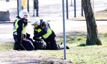 Police arrest a protester during rioting in Norrköping. Dozens injured in riots in Sweden after Quran burnings.