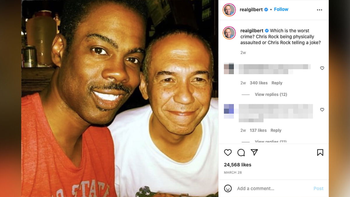 <i>From Gilbert Gottfried/Instagram</i><br/>Gilbert Gottfried's final Instagram post was in support of Chris Rock. A portion of this image has been blurred by CNN to protect privacy.