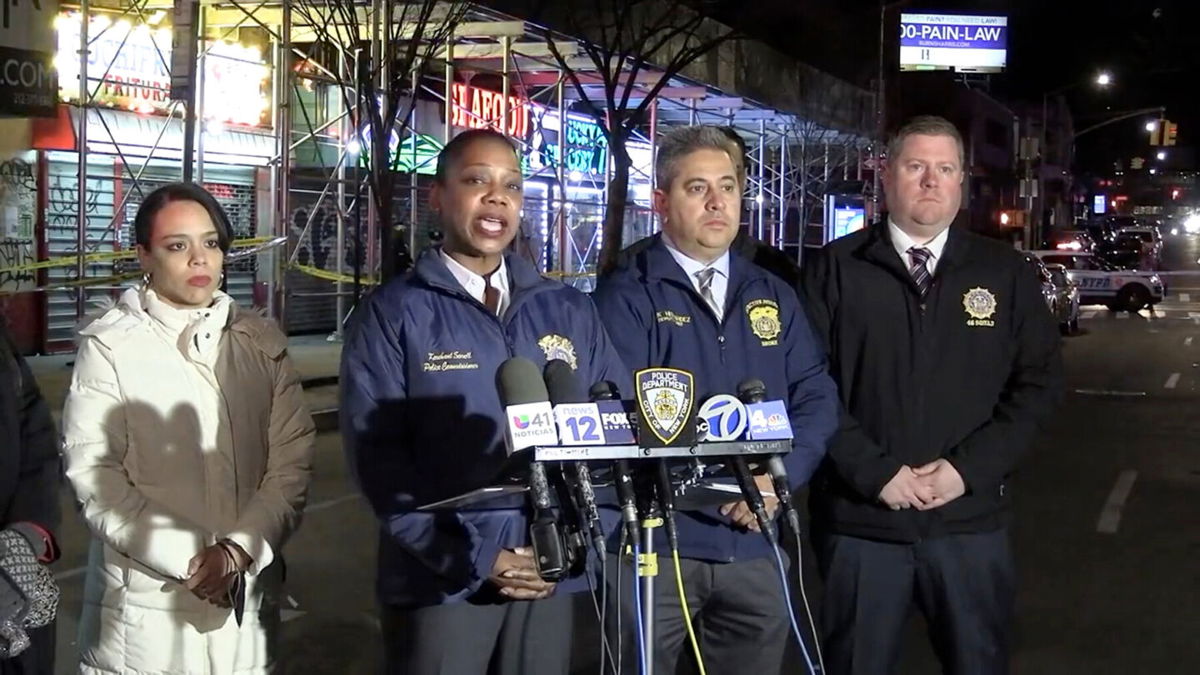 <i>NYPD</i><br/>NYPD Commissioner Keechant Sewell speaks at a news conference about the shooting Monday night in the Bronx.