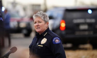 Aurora Department Chief Vanessa Wilson speaks to reporters near the scene of a drive-by shooting that left six teenagers injured in November 2021.