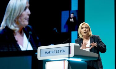 Marine Le Pen speaks at a campaign event in Reims