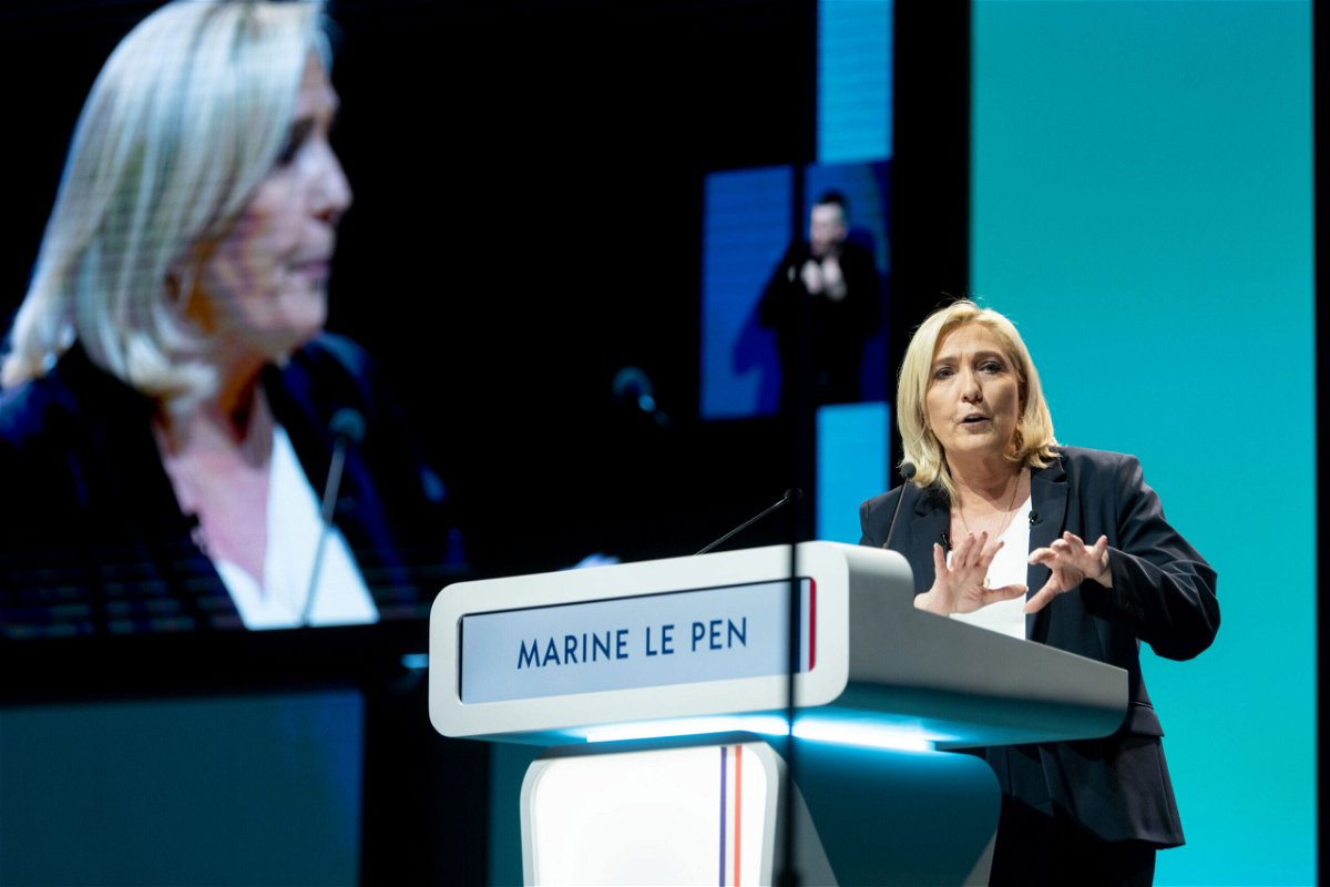 <i>Benjamin Girette/Bloomberg/Getty Images</i><br/>Marine Le Pen speaks at a campaign event in Reims