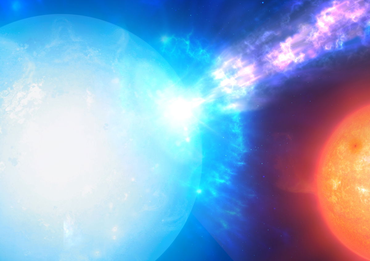 <i>Mark A. Garlick/European Southern Observatory</i><br/>This artist's illustration shows a white dwarf (left foreground) and a companion star (right background) where a micronova could occur.