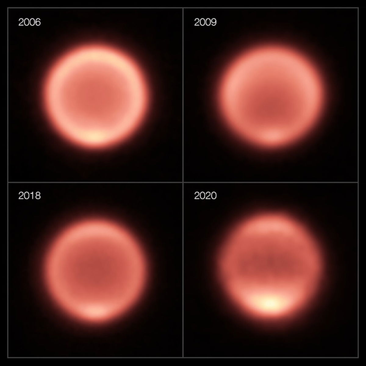 <i>ESO/M. Roman; NAOJ/Subaru/COMICS</i><br/>Growing brightness can be seen at Neptune's south pole between 2018 and 2020